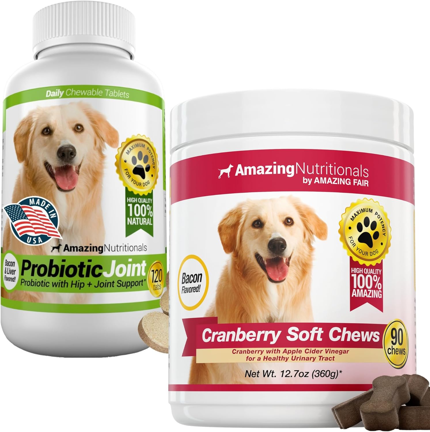 Probiotics for Dogs and Cranberry Bundle - UTI Prevention, Immune Support, Digestive Health, Incontinence, Gas and Diarrhea Elimination