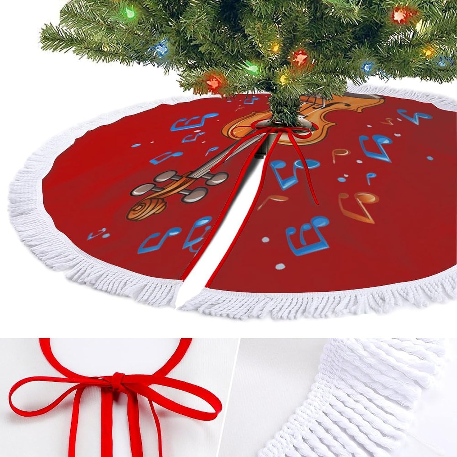 Orchestra Violin Player Music Christmas Tree Skirt Round Xmas Tree Mat Ornaments Tree Skirts with Tassels for Holiday Party