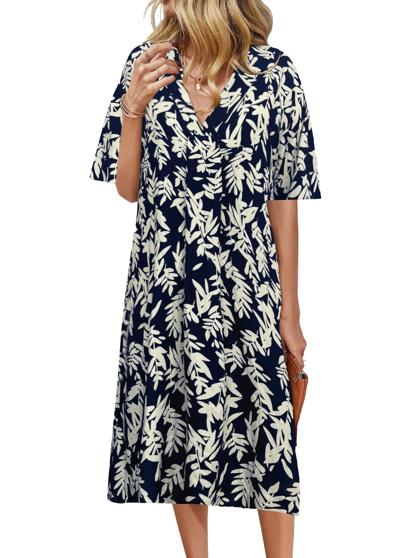 BloggerloveWomens Nightgown House Dress with Pockets Mumu Dresses Half Sleeve Duster Lounge Dress V-Neck Plants Print S-3XL Navy