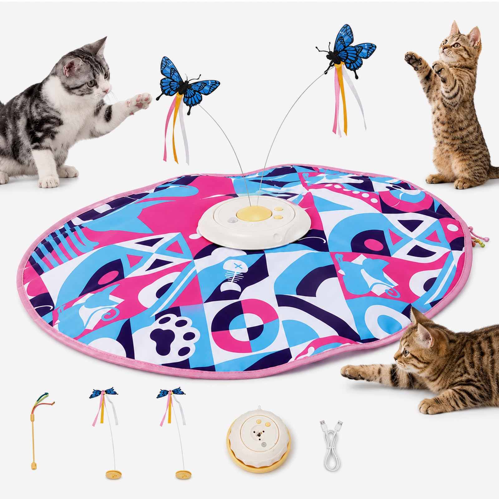 Yalitrca 4 IN 1 Interactive Cat Toy, Cat Toys for Indoor Cats Adult With Cat Teaser Stick, Intelligent Kitten Toys with Three-Speed Adjustment for Cats Exercising and Playing