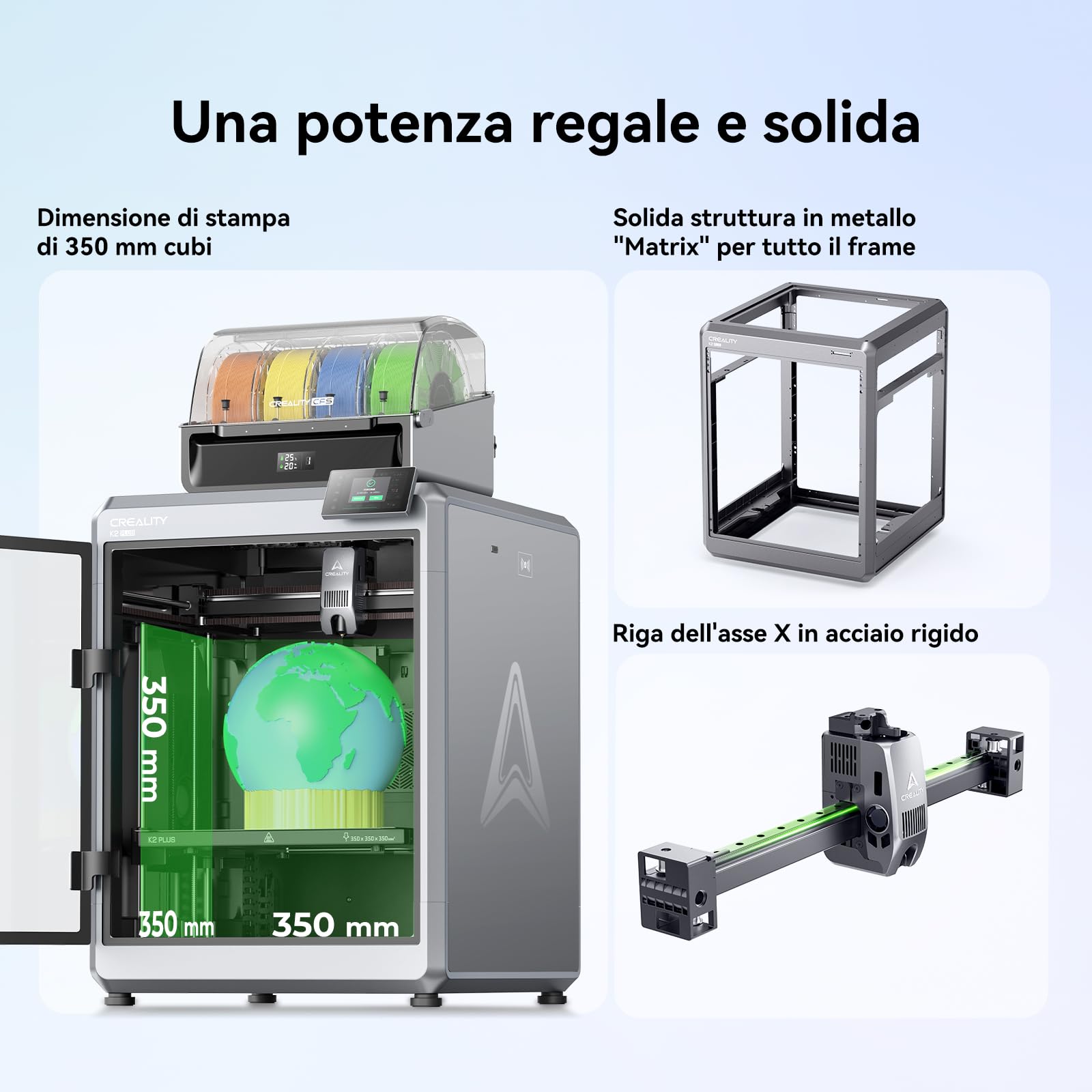 Creality K2 Plus Combo Stampante 3D, Max 600 mm/s, Leveling Automatico Totale, Stampa Multicolore con CFS, Doppia Telecamera AI, Sistema Motore Step-servo, 350x350x350 mm