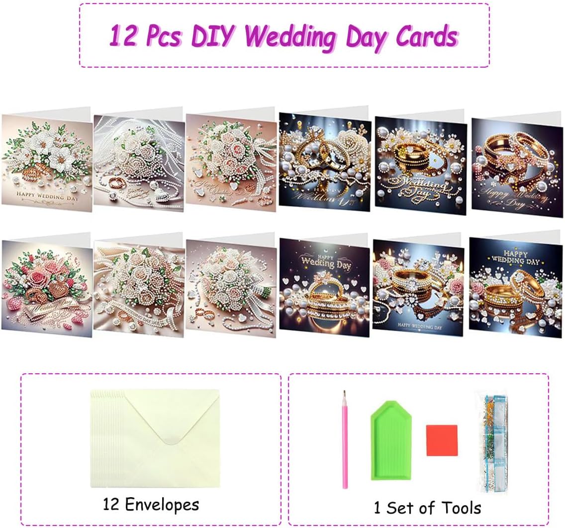 JBTM24 12 Packs Diamond Painting Greeting Cards Kits for Adults, Diamond Art Holiday Card with Envelopes, DIY Card Making Kits for Happy Wedding Day (Wedding Day)
