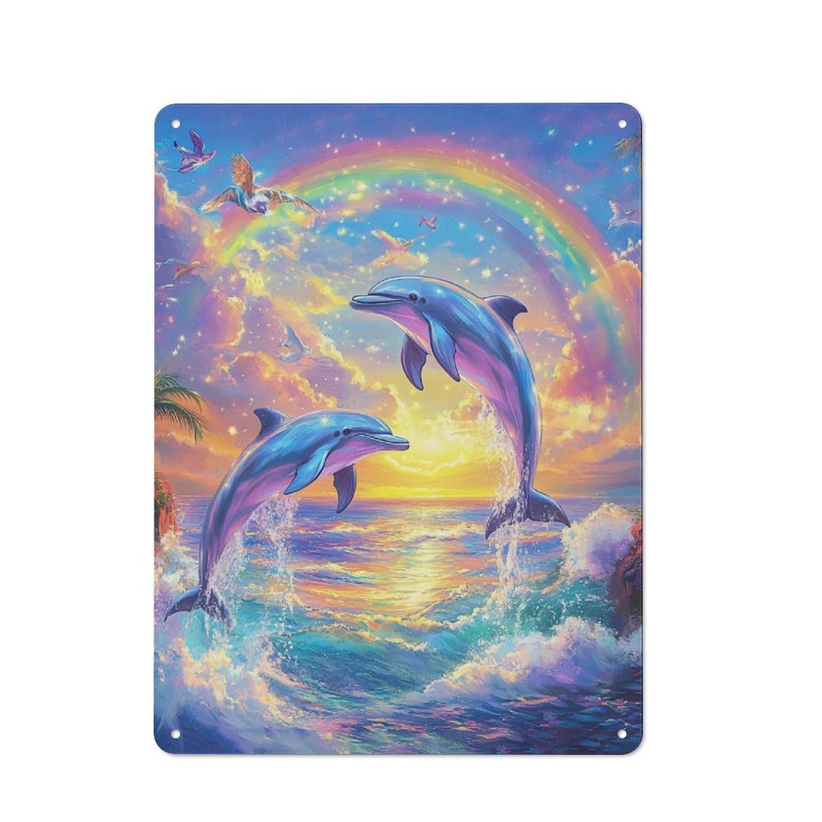 Junmoney Dolphins Jumping Rainbow Sunset Metal Sign 40X30cm With For Hallway Wall, Rustic Decor, For Furnishing A New Hallway With Rustic Decor
