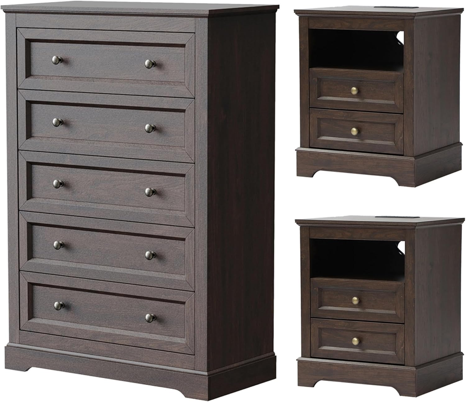 KIGOTY Farmhouse Bedroom Set, 3 Pcs Dresser and Nightstand Sets, 5 Drawer Dresser & 2 Drawer Nightstand Set with Charging Station,Rustic Wood Bedroom Furniture Set for Home,Brown