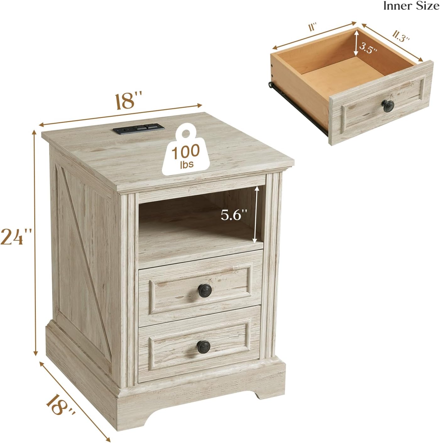 QUW Nightstand with Charging Station, Side Table with 2 Drawers and Open Storage, 18" Retro Bedside Table, End Table for Bedroom, Living Room, Washed Gray