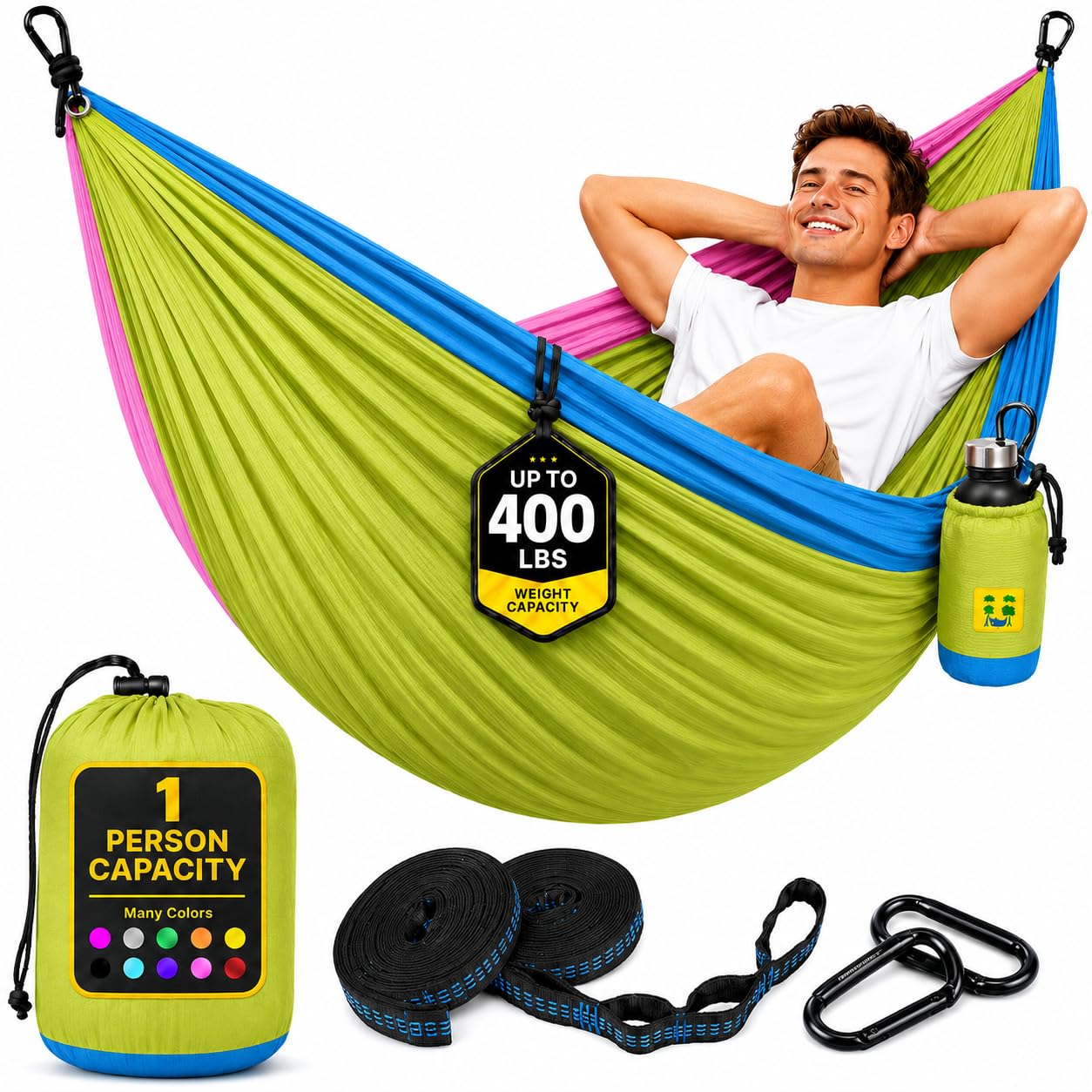 Durable Hammock 400 lb Capacity, Nylon Camping Hammock Chair - Double or Single Sizes w/Tree Straps and Attached Carry Bag - Portable for Travel/Backpacking/Beach/Backyard (Medium, Yellow &amp; Blue)