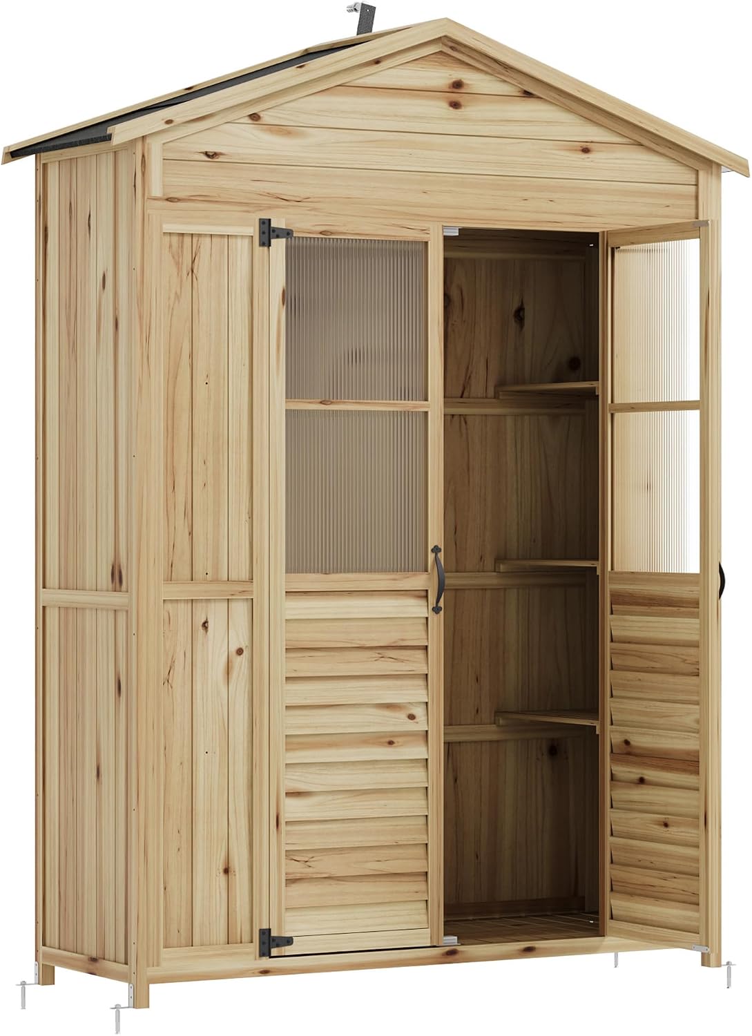 GarveeLife Patio Storage Shed Wooden, Outdoor Storage Cabinet with Weather-Resistant Roof, Garden Tools Shed with 6 Movable Shelves, Waterproof Roof, 4 Metal Stakes, 2 Anti-Falling Devices