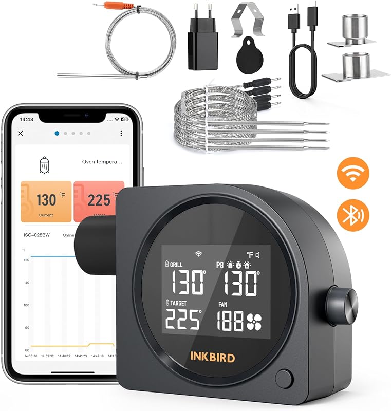 5G Wi-Fi & Bluetooth BBQ Temperature Controller, | INKBIRD Automatic Smoker Fan with LCD Screen for Ceramic Smokers, BGE, WSM, 5 Probes