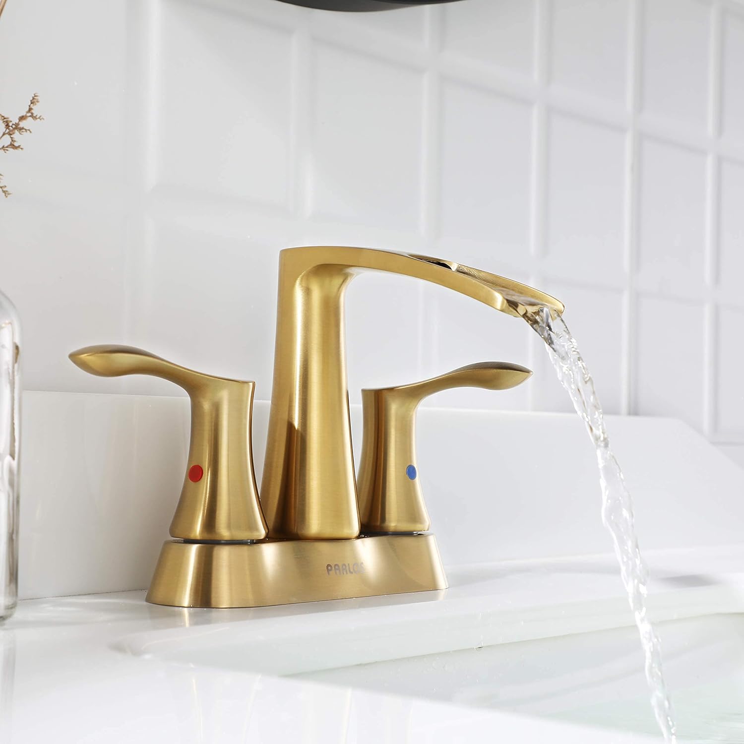 Centerset Waterfall Bathroom Sink Faucet Bundle Brushed Gold Two Handles (1406808-1431708)