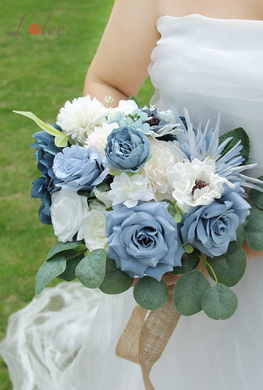 LELEE Artificial Flowers Combo Dusty Blue Flowers Mix Silk Flowers Dahlia Roses with Stems for DIY Wedding Bridal Bouquets, Baby Shower, Floral Arrangement, Table Centerpieces, Christmas Decorations - Image 2