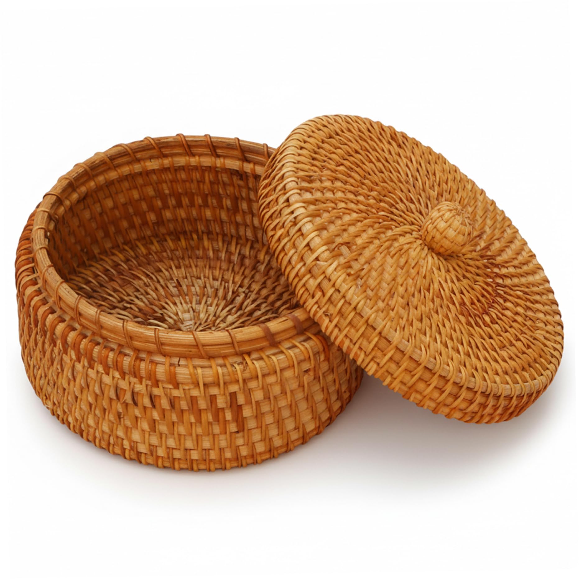 Wicker Basket with Lid - Natural Rattan Storage Basket, Round Decorative Box for Keys Snacks Fruits, Round