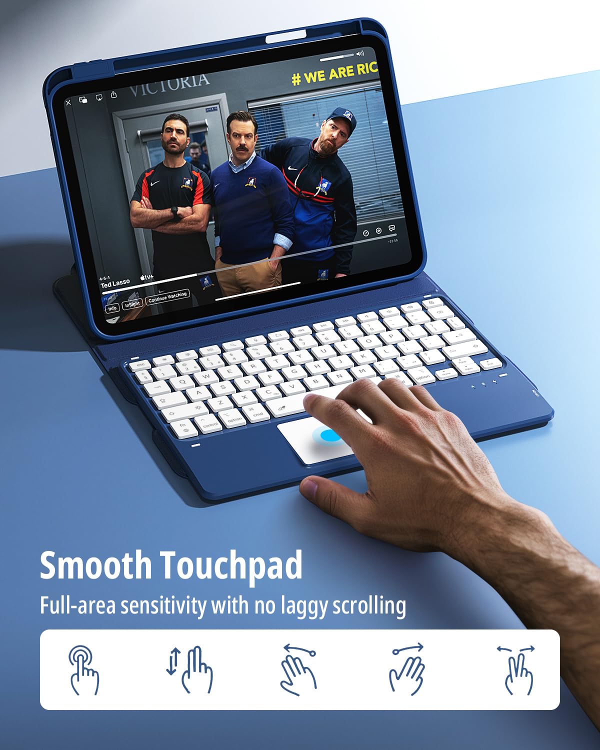 CACOE Drehbare Hülle mit Tastatur für iPad (A16) 11/10 Generation (11/10.9 Zoll) 2025/2022 mit Touchpad, 7-Farbige Beleuchtung Abnehmbare Kabellose Tastatur 360° Drehung mit Standfunktion,Ozeanblau