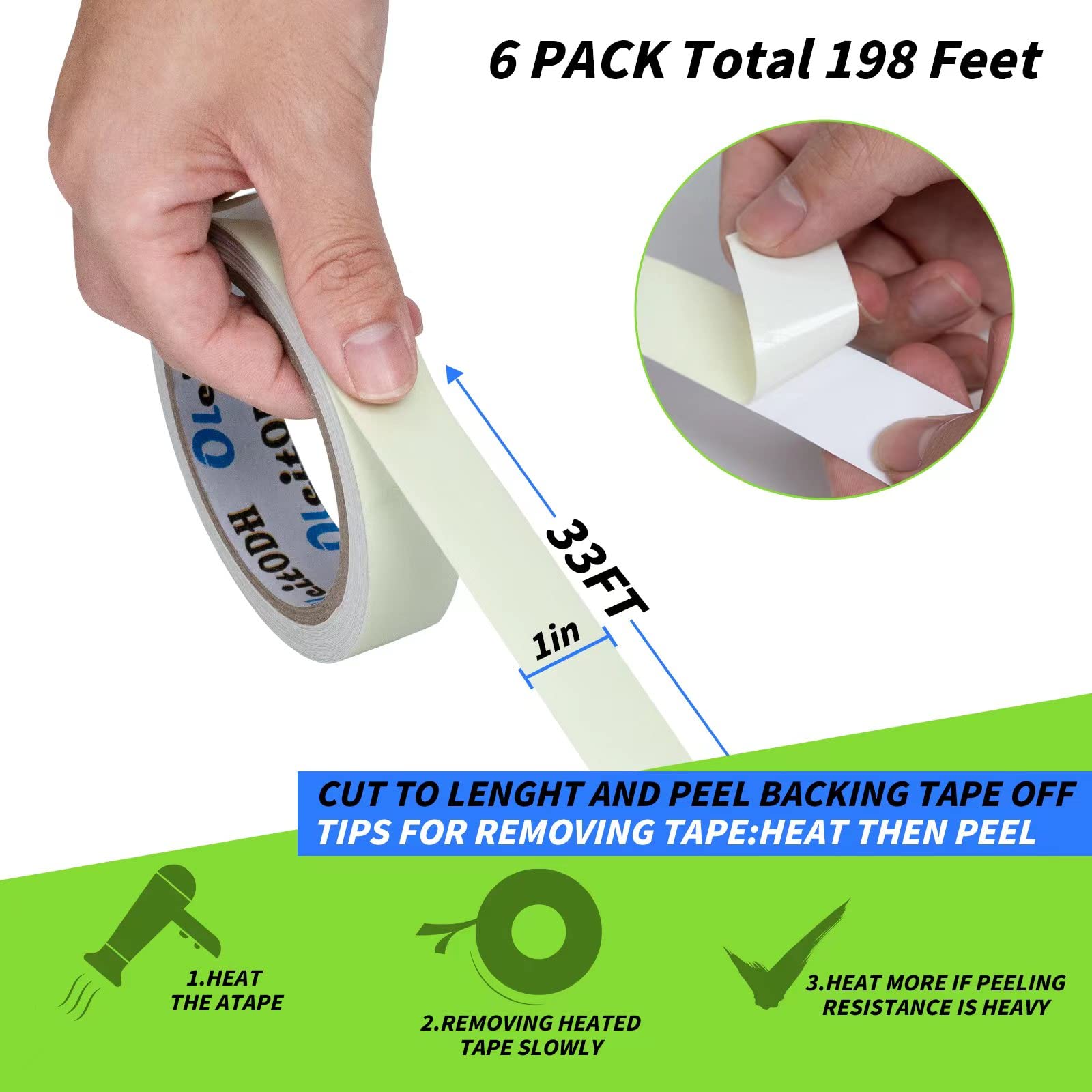 6 Pack Glow in The Dark Tape Bulk 33 Ft x 1 Inch(Total 198 Ft) Green Glow Tape Luminous Tape Neon Tape for Outdoors Indoors Home Decoration Markings Waterproof Bright Rechargeable Fluorescent Tape