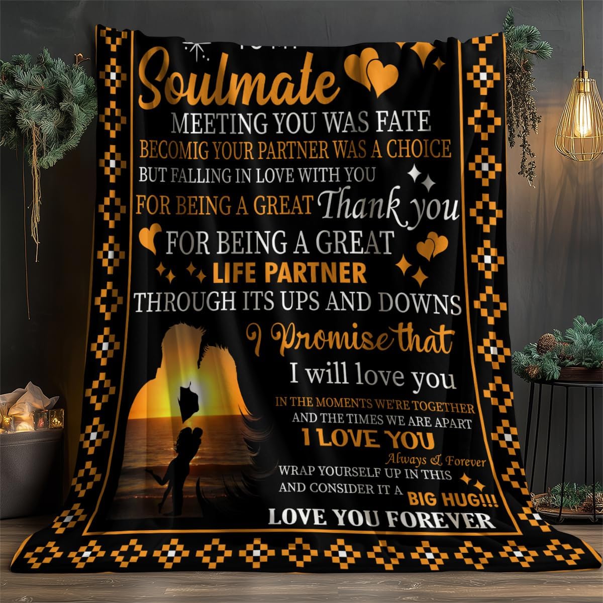 to My Soulmate Romantic Love Letter Throw Blanket Sunset Couple Silhouette Design Throw Long Distance Relationship Gift Thank You Partner Blanket Wedding Anniversary Present Big Hug 80x60 Inches