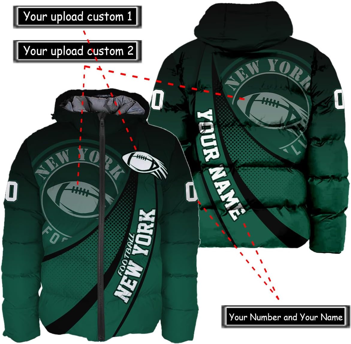 Personalized New York Football Team Jets Men's Hooded Puffer Jacket