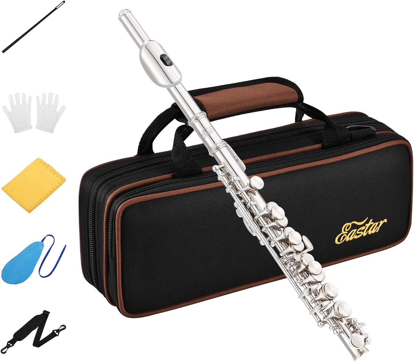 Eastar Nickel Plated C Piccolo Flute, Modern Style, with Hard Case, Cleaning Kit, Gloves, 2-Piece, Nickel Plated, EPC-1