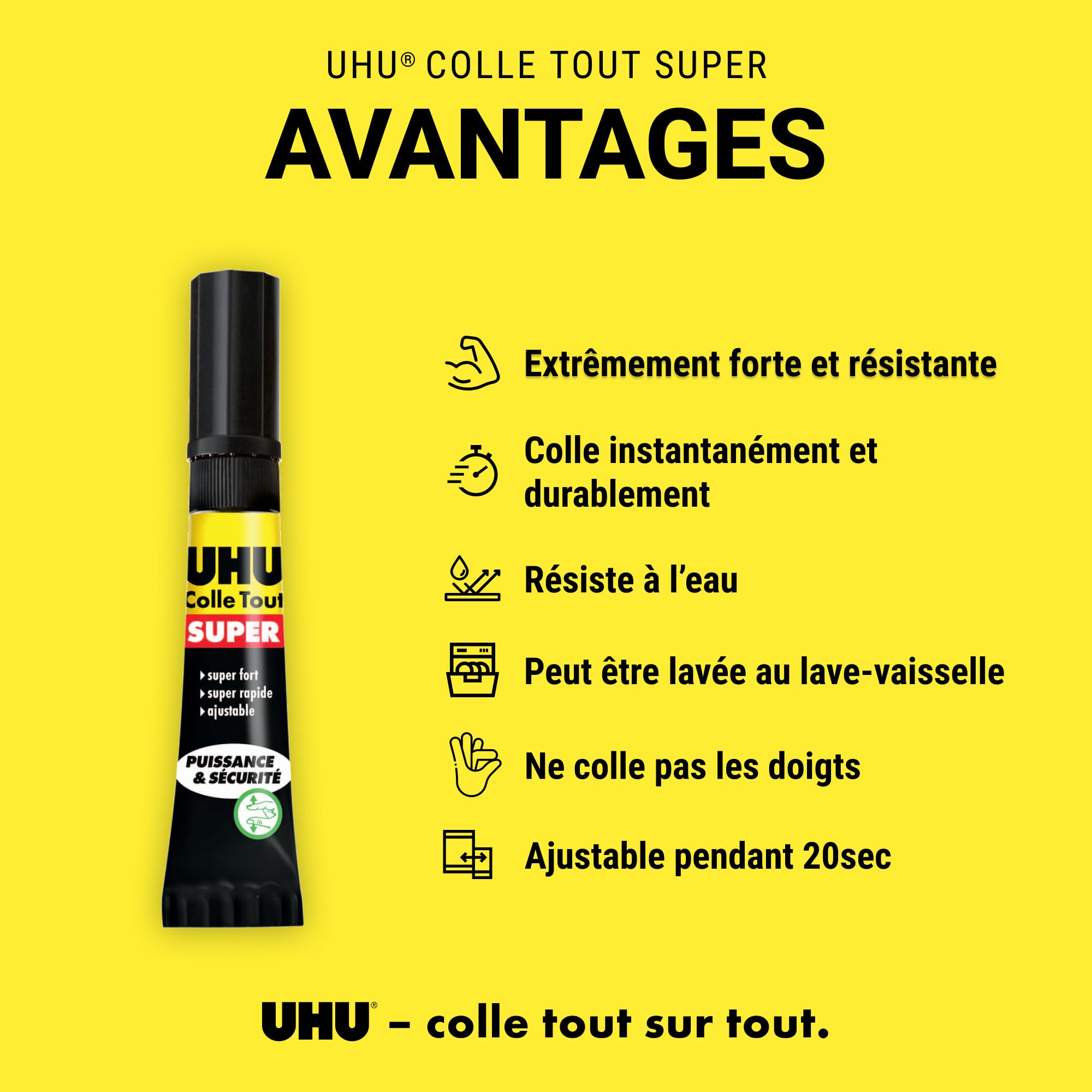 UHU Colle Tout Super Extra-Forte Universelle Tous Supports Prise Rapide Ajustable Résiste Humidité -50°C +100°C Tube 7 g