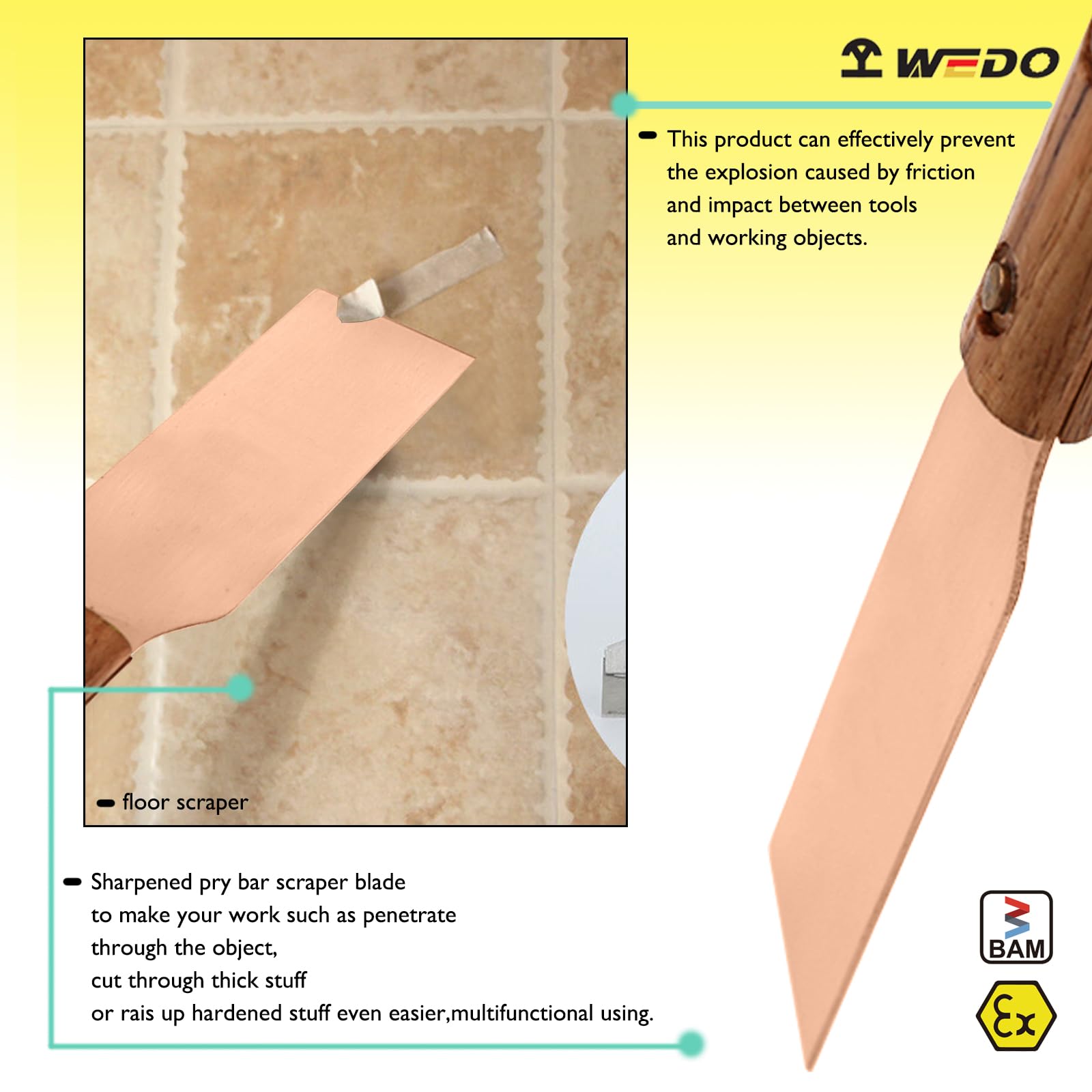 WEDO Raschietto per pavimenti resistente con manico lungo non scintillante, rame al berillio, lunghezza 902 mm, lama 50 x 2 mm, raschietto per pavimenti con manico in legno, raschietto per piastra,