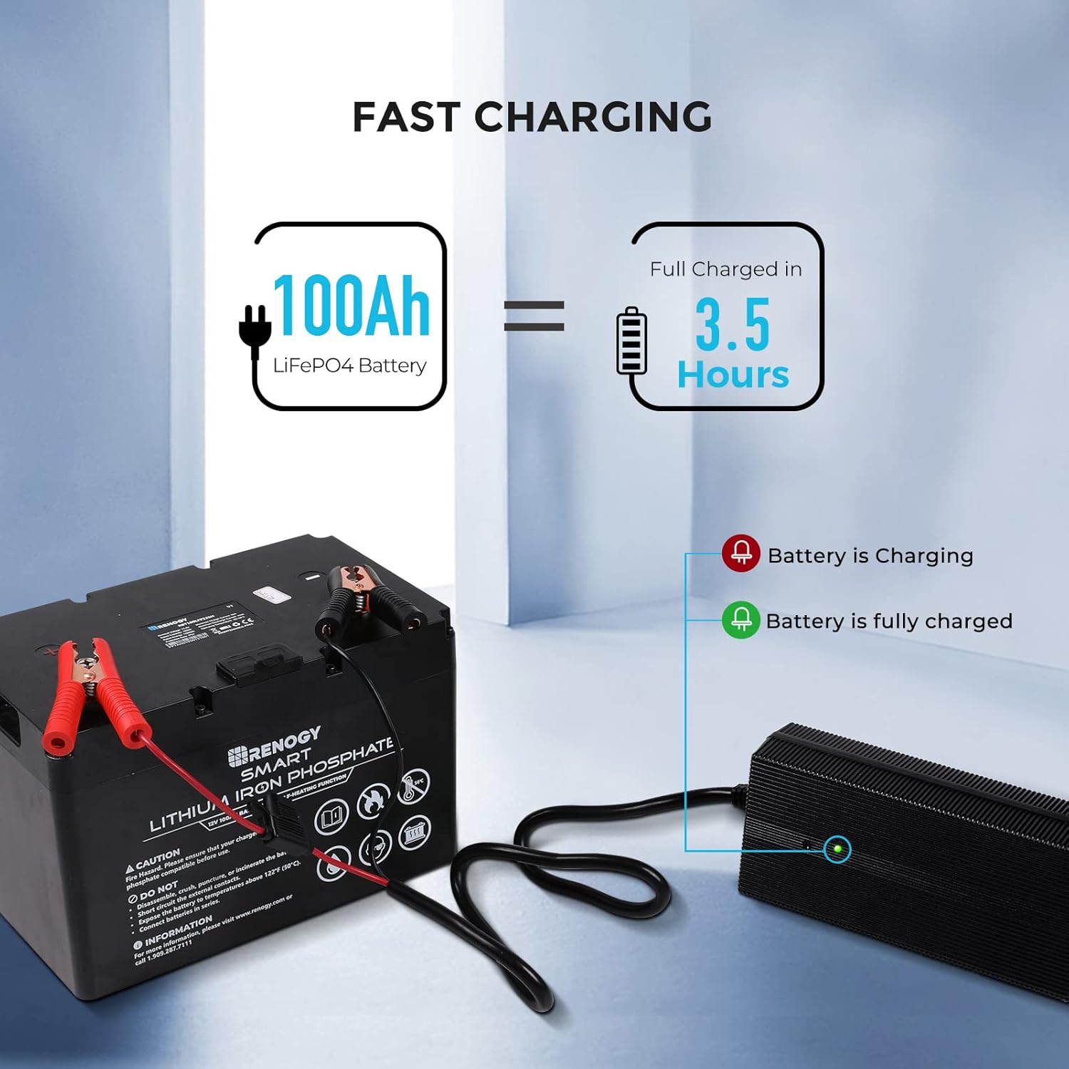 Image demonstrating how to connect the Renogy charger to a LiFePO4 battery