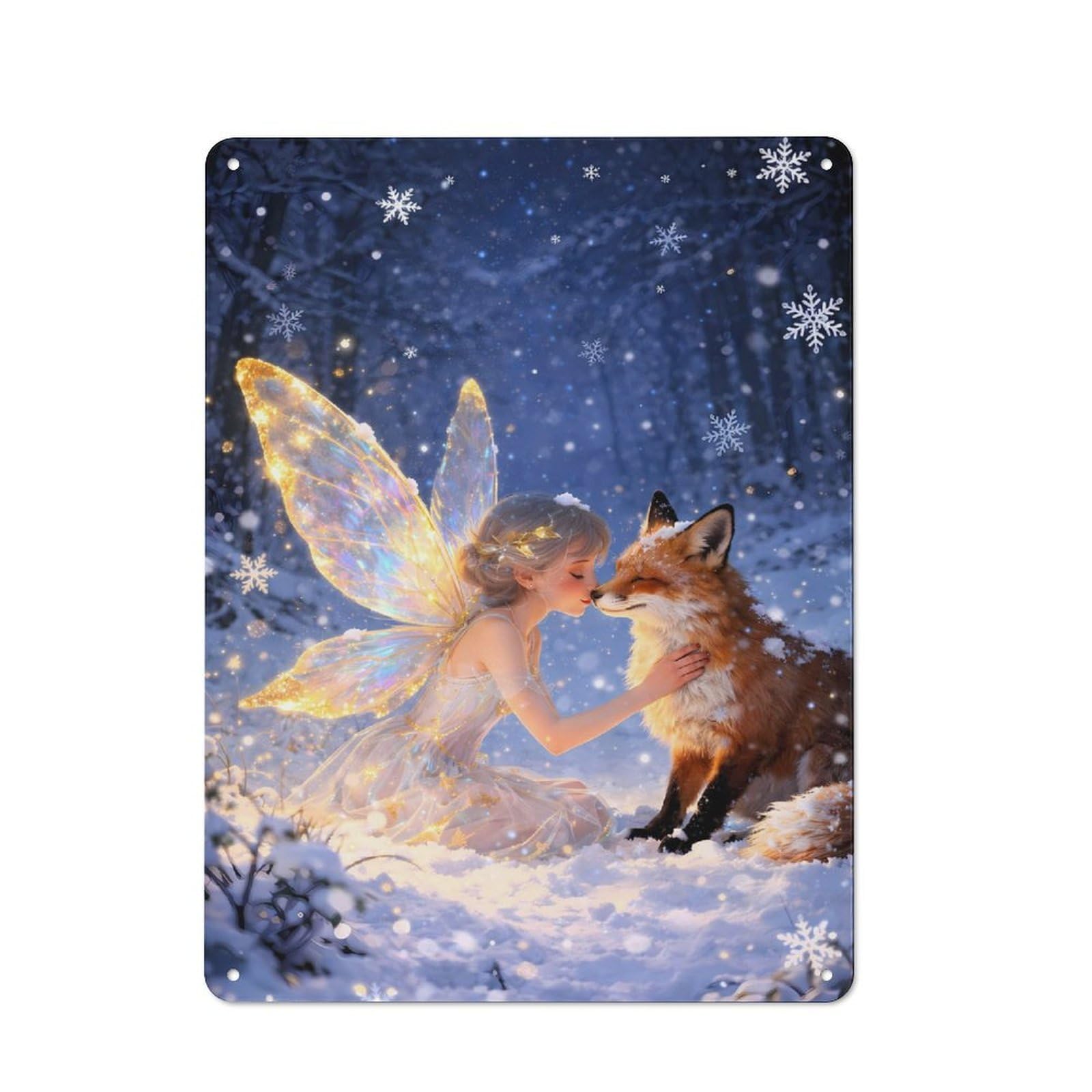 Junmoney Style-18 For Home Office Or Studio, Winter Fairy With Fox In Snowy Forest Retro Tin Wall Plaque 40X30cm, A Housewarming Gift For Creative Workspace Decorators