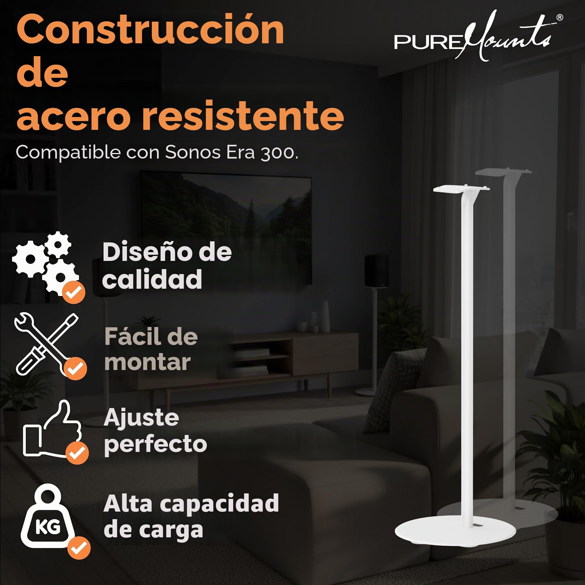 PureMounts Soporte para Altavoces Sonos Era 300, Soporte para Altavoces con gestión de Cables, Capacidad de Carga de 5 kg, Color Blanco
