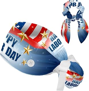 FVQL 2 Pieces Surgical Cap for Long Hair Scrub Cap with Hairband Nurse Cap, Happy Labor Day