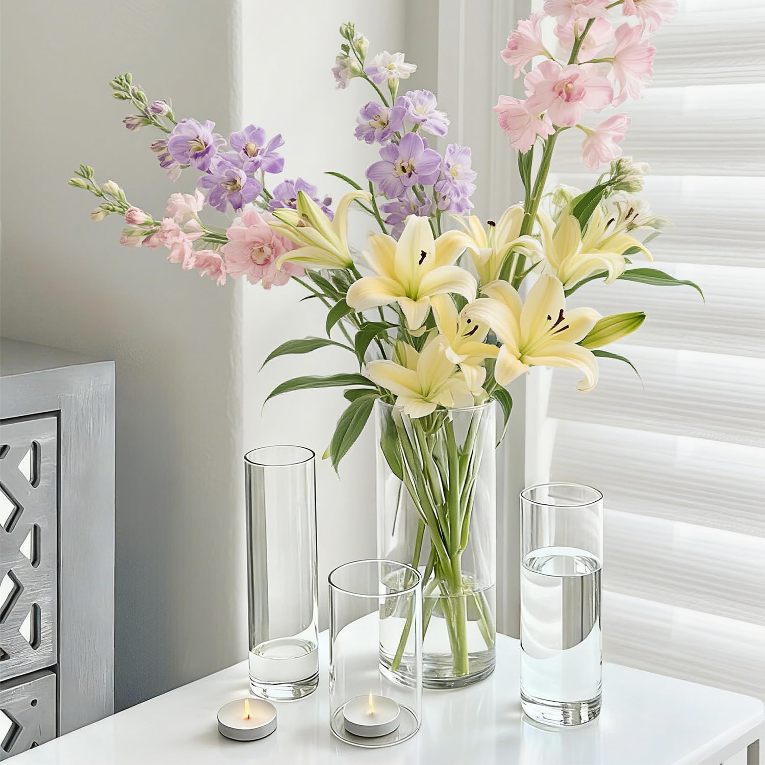 cylinder glass bud vases set of 30 clear flower vase for centerpieces shelf, modern small vases for living room bedroom office home, decor for wedding house warming party cylinder 30