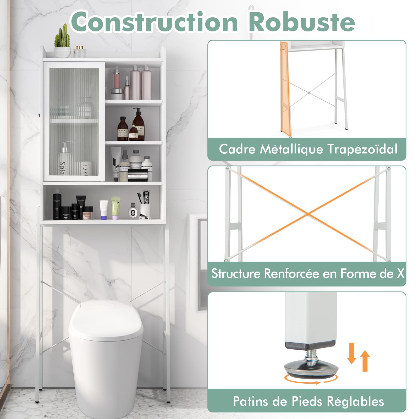 GOPLUS Meuble WC au-Dessus de Toilettes, Porte Coulissante en Acrylique, Étagères Crochets Réglables, Cadre en Métal, Meuble Rangement au Machine à Laver, 63x29x170cm (Blanc)