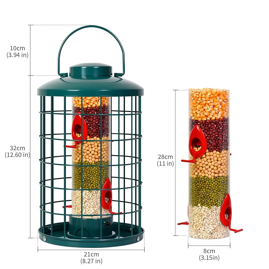 Caged Bird Feeders Metal - 3 Lbs - Squirrel-Proof Wild Bird Tube Feeder Hanging Outside, Detachable Cleaning, 4 Feed Ports(Copper