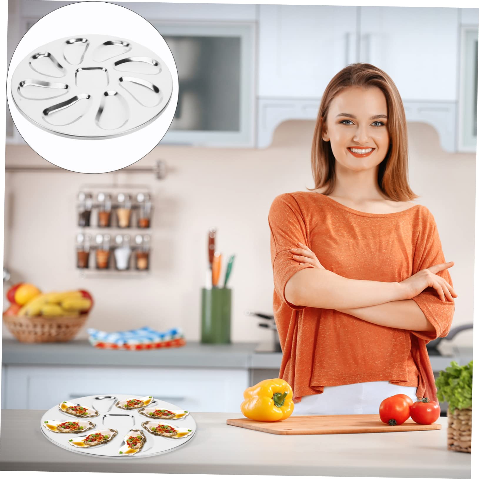 Zerodeko Plat de Service pour Huîtres en Acier Inoxydable Argenté Bord Lisse et Résistant la Rouille, Cuisine et Restaurant