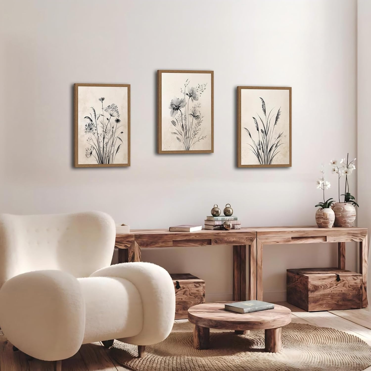 3PcsFramed Vintage Botanical Wall Art, Neutral Rustic Boho Floral Canvas Painting Prints for Modern Farmhouse, Black and White Flower Pictures for Living Room Bedroom Dining Room Wall Decor, 12x16in image 5