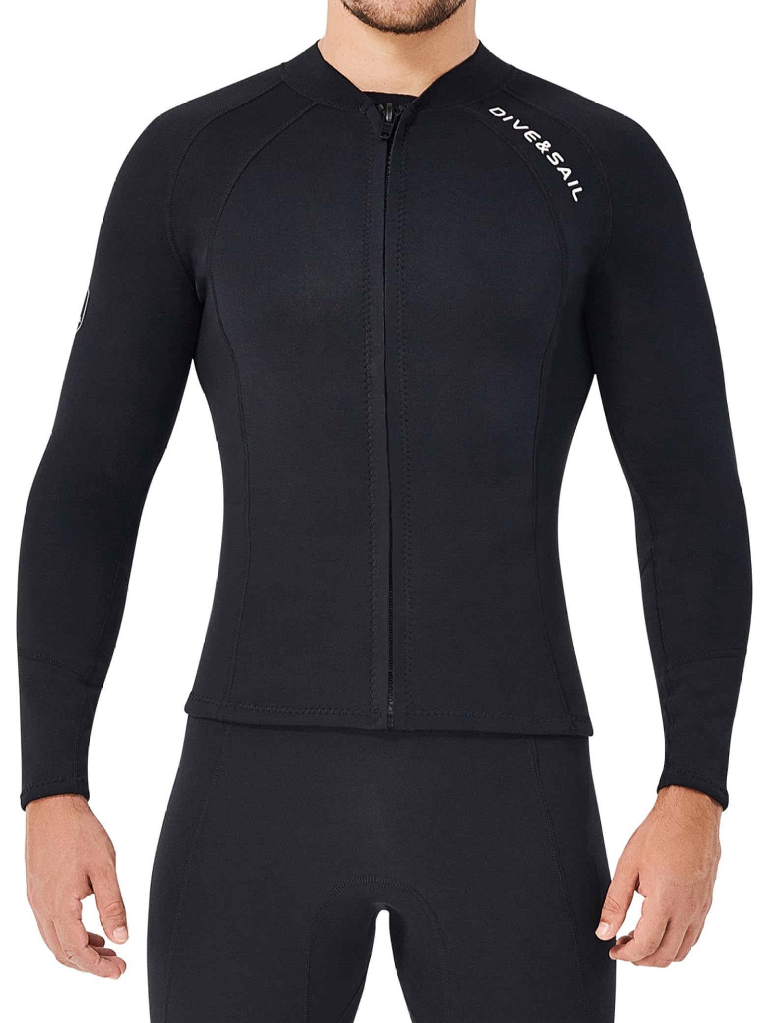 Traje de neopreno para hombre Parte superior de manga larga 2 mm con cremallera frontal para buceo, surf, deportes acuáticos Negro
