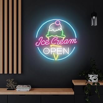 Ice Cream Open Neon Sign 18 inches Led Round Business Welcome Open Light Up Signs Wall Decor for Dessert Coffee Bar Ice Cream Shop Decorations