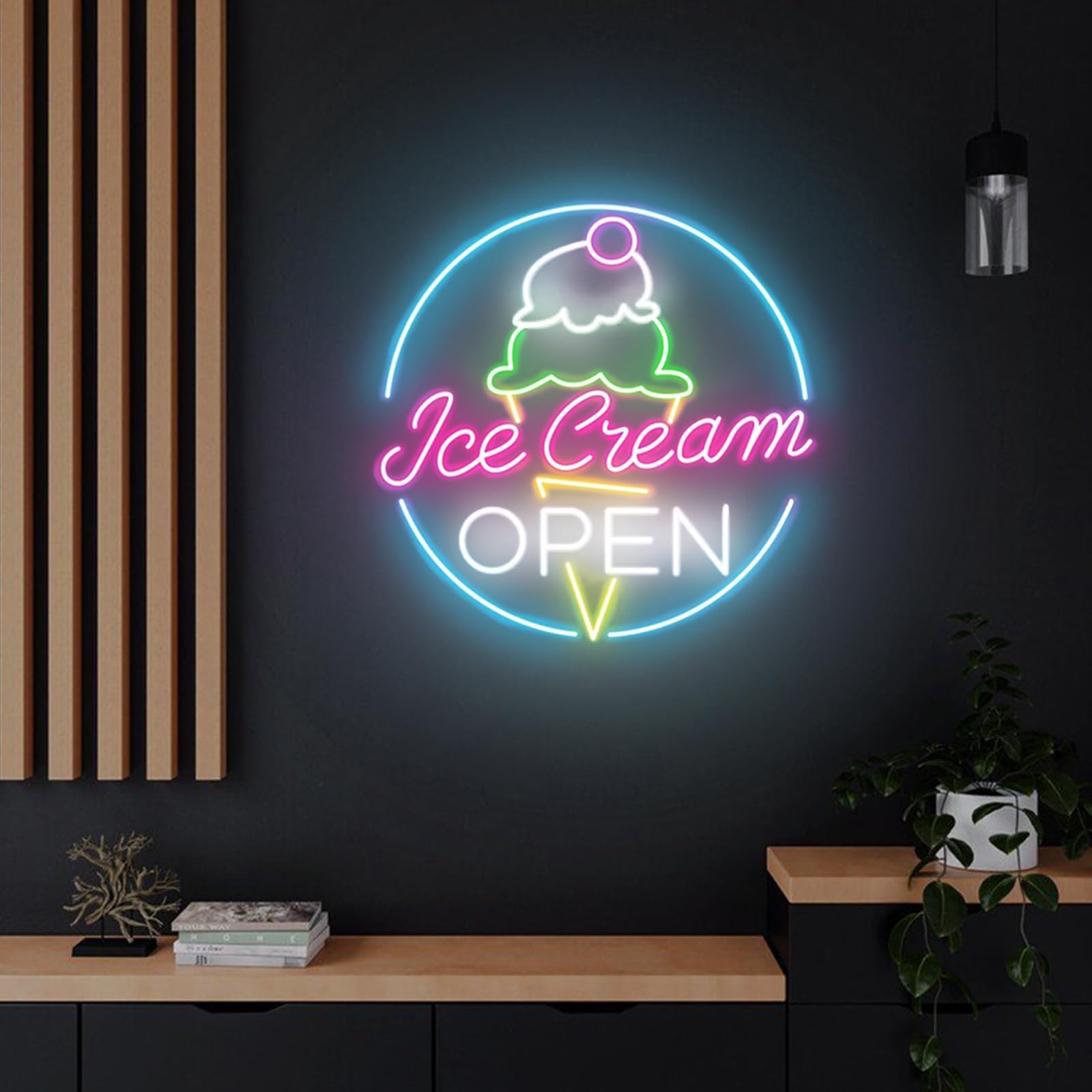 Ice Cream Open Neon Sign 18 inches Led Round Business Welcome Open Light Up Signs Wall Decor for Dessert Coffee Bar Ice Cream Shop Decorations