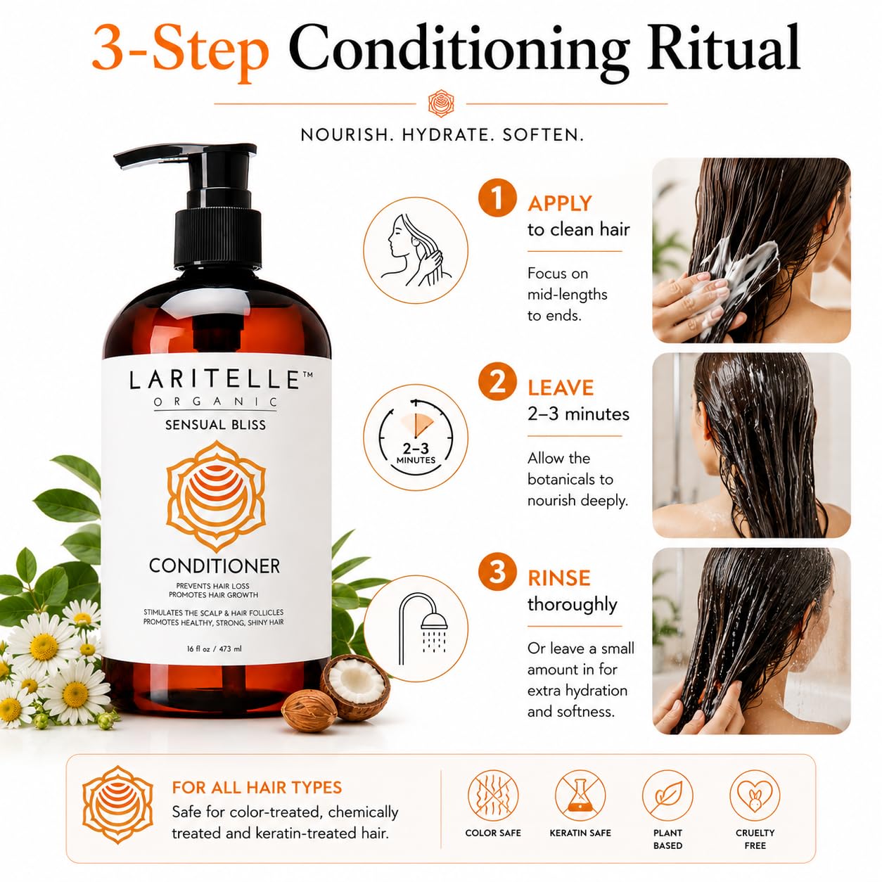 Laritelle Organic Conditioner Sensual Bliss 16 oz | Argan Oil, Babassu, Apricot Kernel & Keratin | Deep Hydration, Anti-Thinning, Sulfate-Free, Vegan image 4
