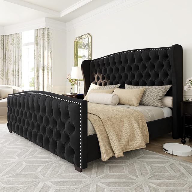 AMERLIFE King Size Platform Bed Frame Velvet Upholstered Bed with Deep Button Tufted Nailhead Trim Wingback Headboard No