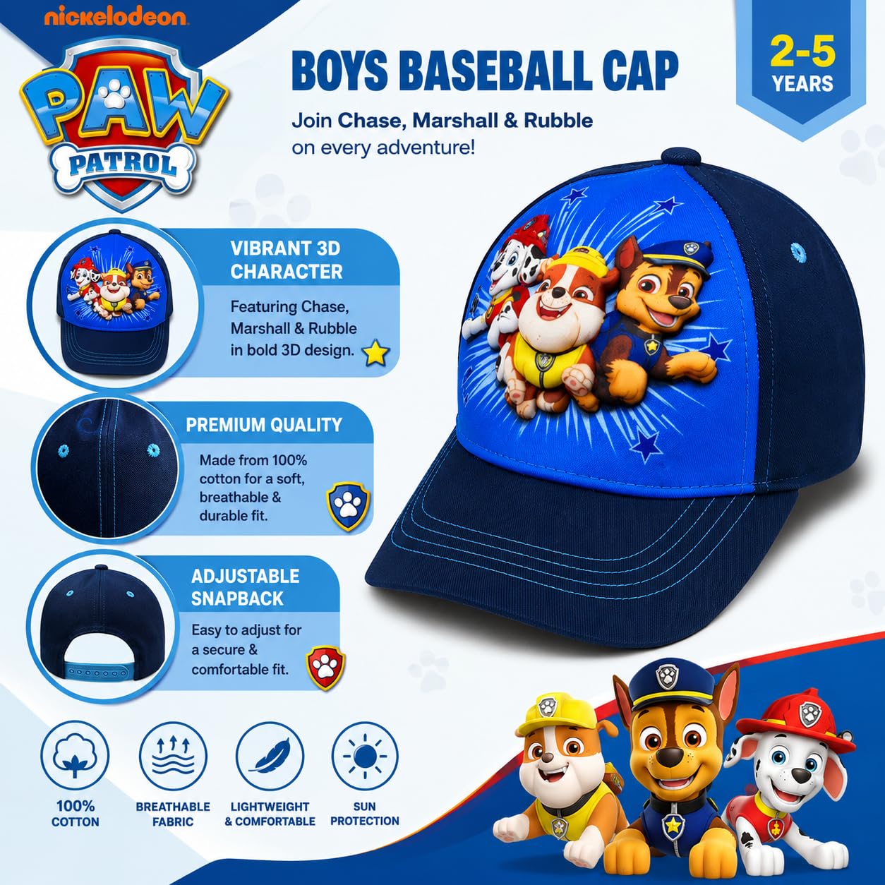 Nickelodeon Paw Patrol Baseballkappe für Kleinkinder, Jungen, Baumwolle, 3D, Alter 2-5 Jahre, Blau