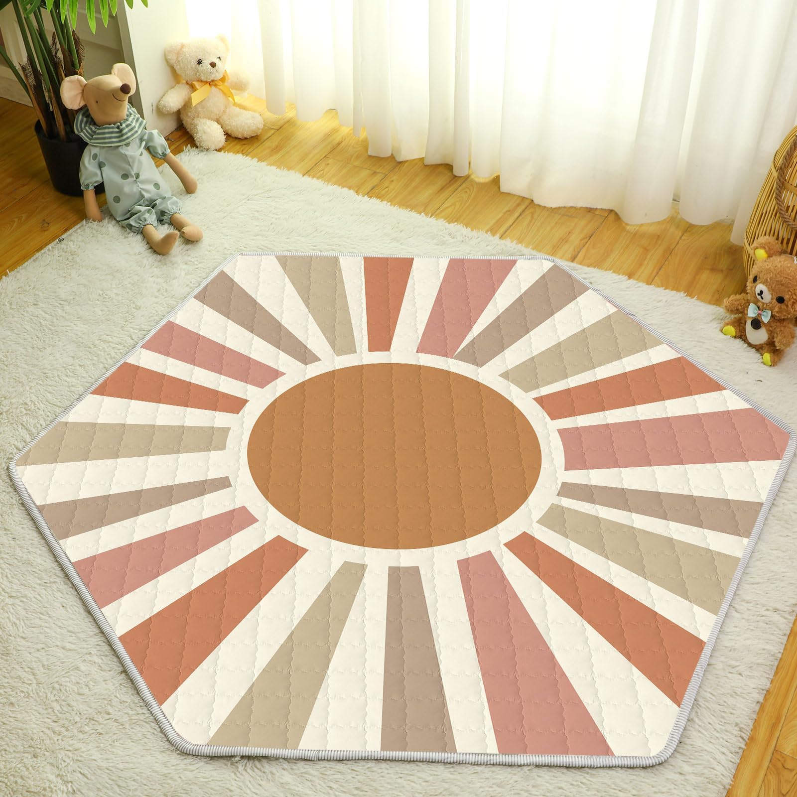 Funtery Woodland Animals Hexagon Playpen Mat Baby Play Mat Foldable Soft Nursery Rug Portable Baby Playmat Washable Comfortable Hexagon Playpen Mattress for Floor Activity Room (Rainbow Element)