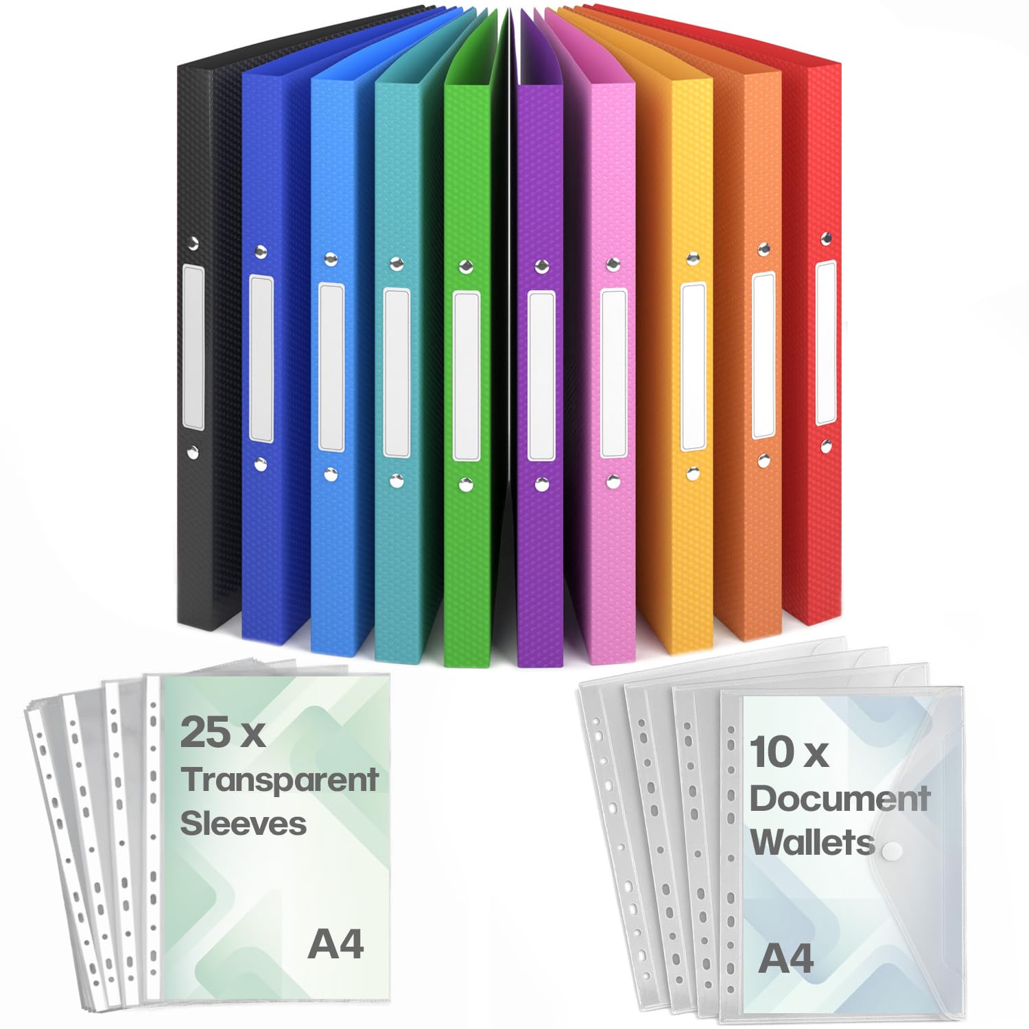 ACROPAQ - 10 x A4 Ring Binder - Includes 10 x Document Pockets, 25 x Clear Pockets and 10 x Spine Labels, With 2 Rings, Spine Width 2.5 cm, Rainbow, "Nature" Colour Collection - Ring Binder, Ring