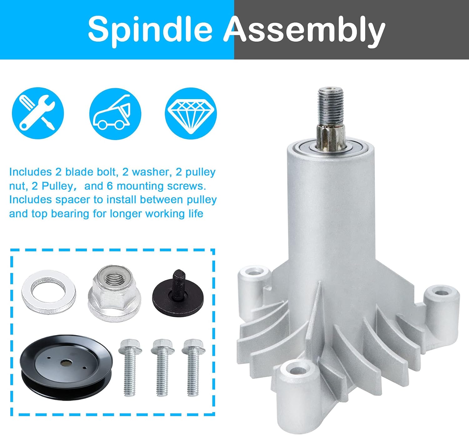 42" Lawn Mower Spindle Assembly Craftsman LT1000 LT2000 LT4000 Compatible with AYP 130794 532130794 + 2 Spindle Pulleys 153535 173436 129861