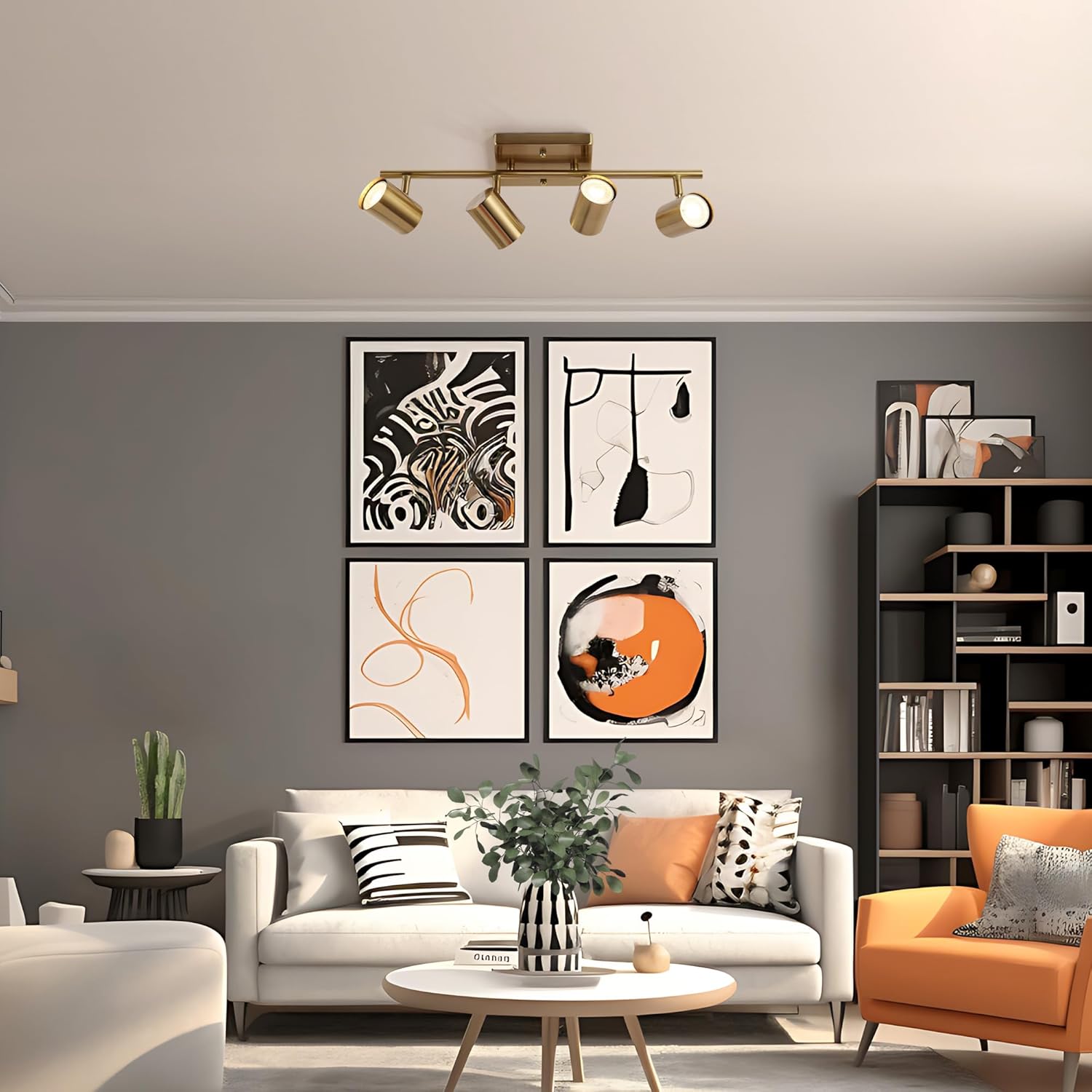 4-Light Track Lighting Kit, Gold Semi Flush Mount Ceiling Light with 4 Rotatable Light Heads, Modern Accent Lighting for Living Room, Bedroom, Hallway, Art Wall, Bathroom, Kitchen