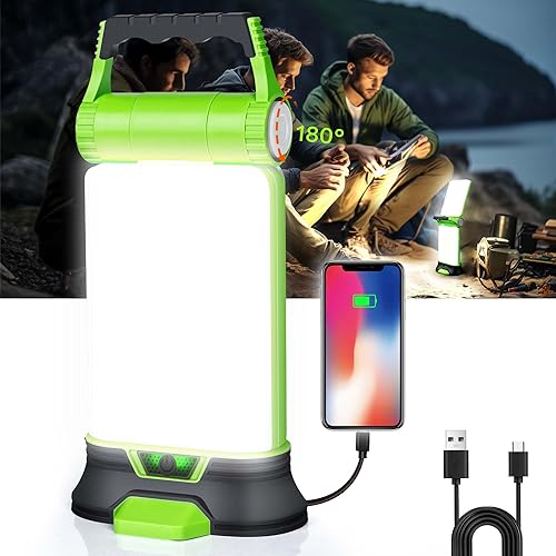 Linterna de campamento, 1500LM 2COB, linterna recargable de 180 giratoria, luz de campamento con capacidad de 4000, cargador de teléfono,
