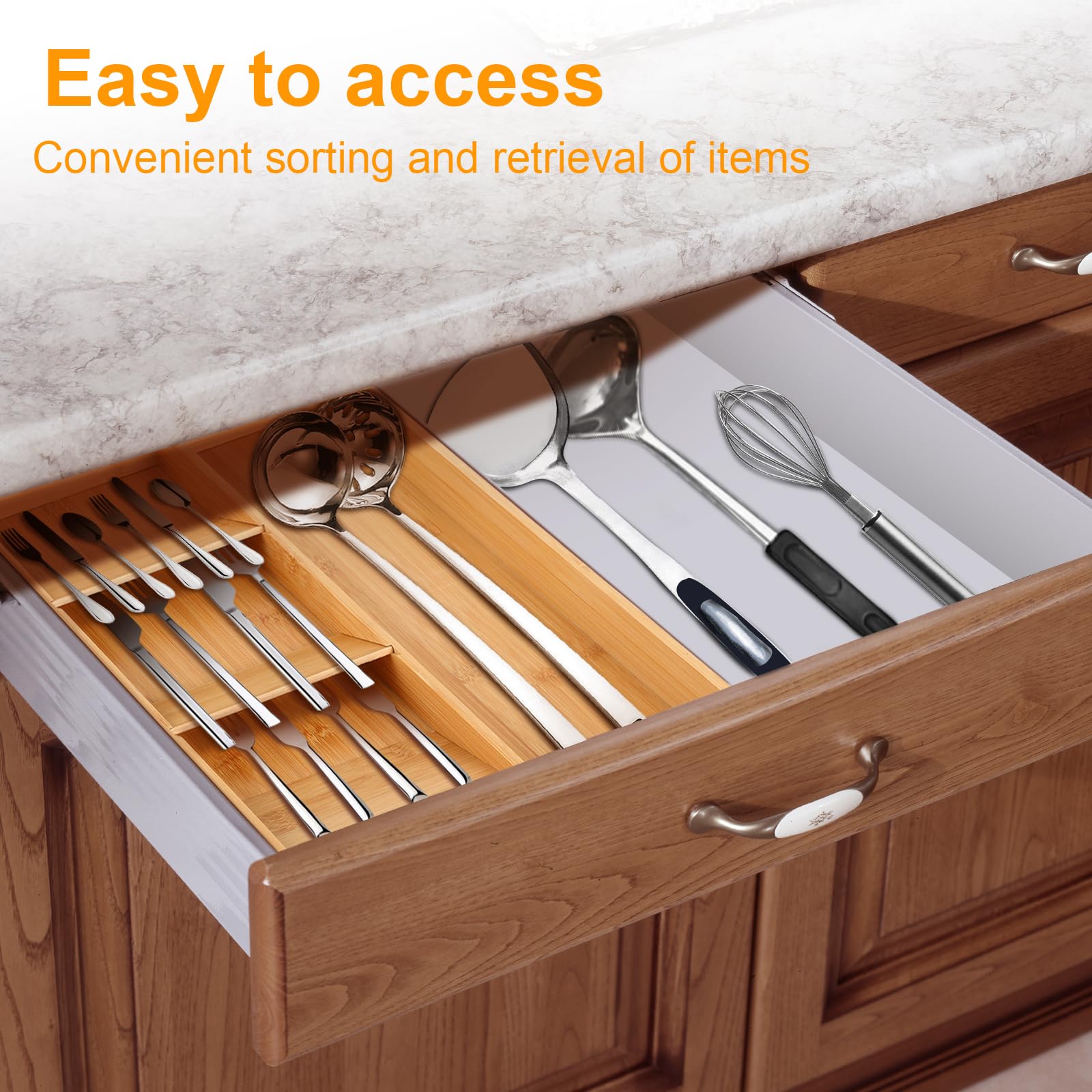 Organizador de cajones de cocina, organizador de cajones de cubiertos de bambú con bandeja expandible para utensilios de cocina, organizador compacto de cajones para tenedores, cucharas,