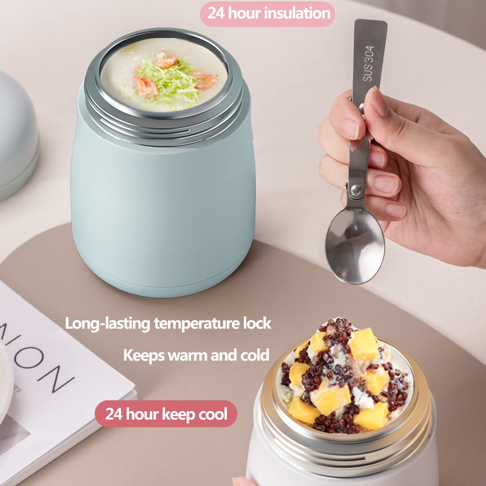 LANMOU Contenitore Termico per Alimenti, 600ml & 800ml Thermos per Alimenti sottovuoto di Acciaio Inossidabile con Un Cucchiaio Pieghevole per Cibi Caldi e Freddi (600ml,Green)