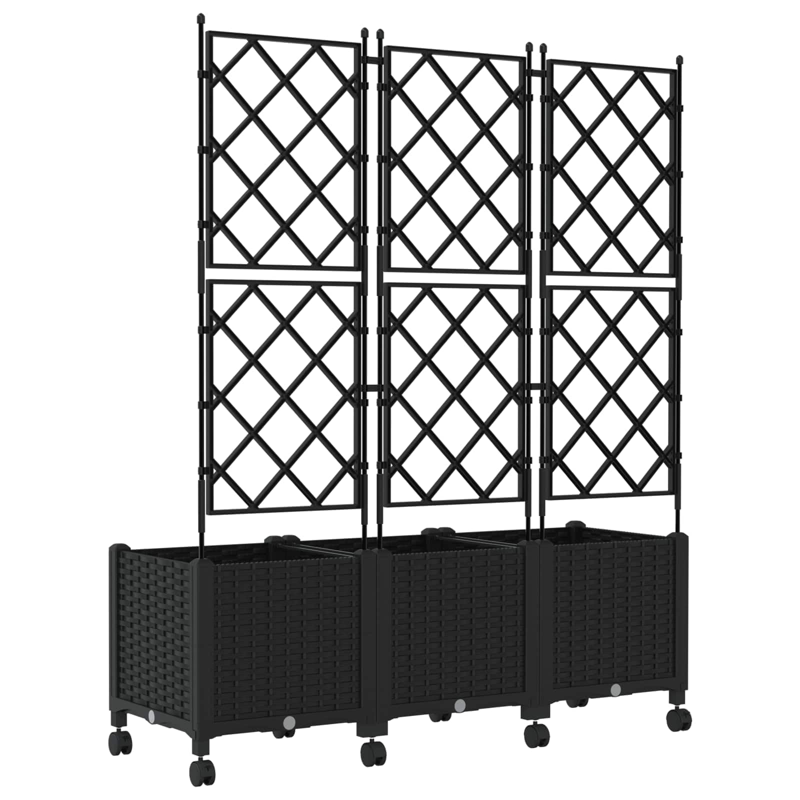 3er Set Pflanzkübel mit Spalier und Rollen, Hochbeet mit Rankgitter aus PP für Garten und Terrasse, Mobiler Blumenkasten Wetterbeständig, Schwarz, 120 x 40 x 149 cm