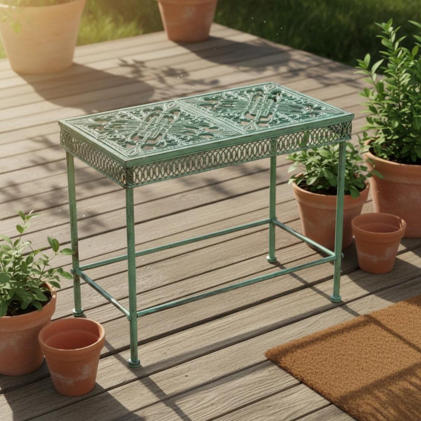 Présentoir Extérieur Support Plantes Étagère Table Jardin en Fer Forgé à Finition Vieillie Antirouille pour Pots et Livres Adapté Cour Terrasse Jardin Maison, Blanc