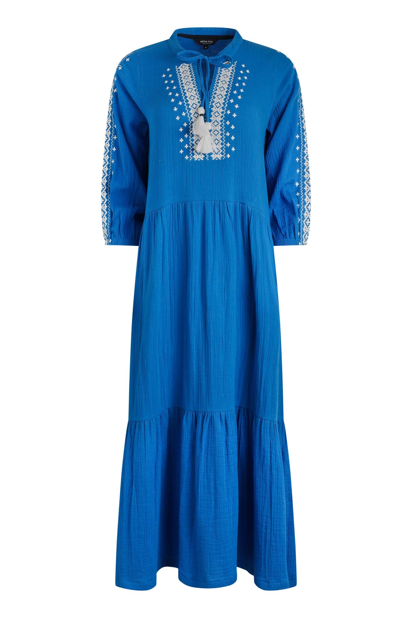 Weird Fish Women's Adriatic Blue Arles Organic Cotton Embroidered Double Cloth Dress Size 14