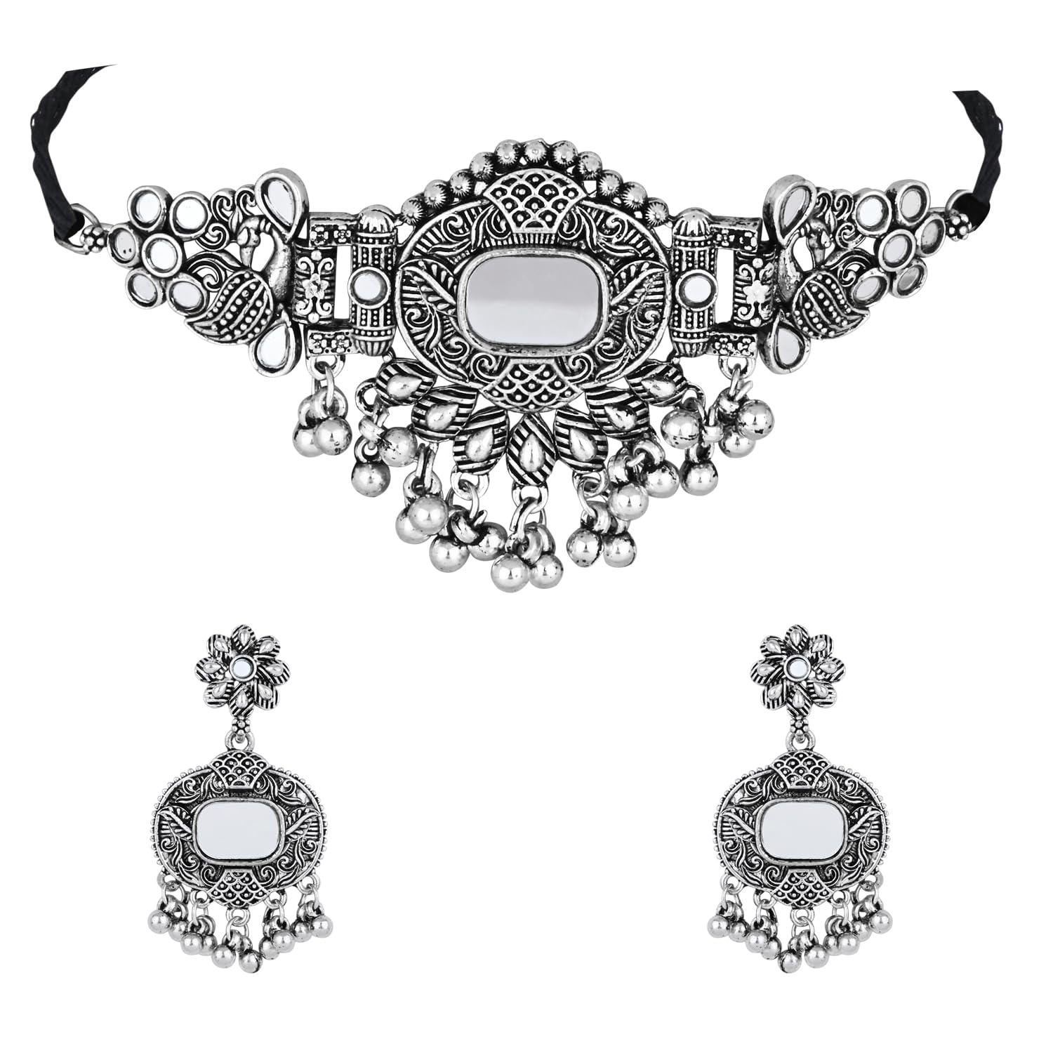 i jewels Navratri Ethnic Silver Oxidised Afghani Mirror Work Choker Necklace Jewellery Set With Earrings For Women-picture-53