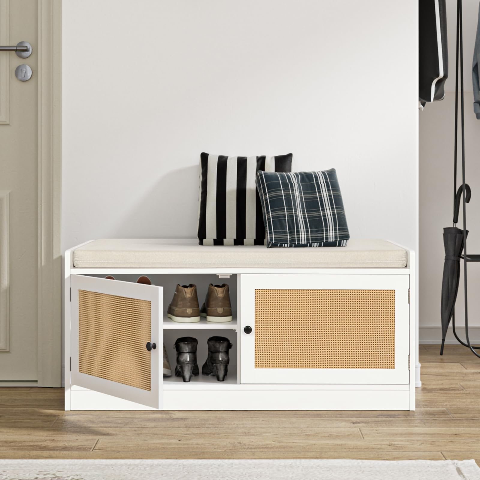 SDCFFC Rattan Shoe Bench Entryway Bench with Shoe Storage Wooden Shoe Rack Bench with Cushion Seat Adjustable Shelves Storage Bench for Entryway,Ideal for Home