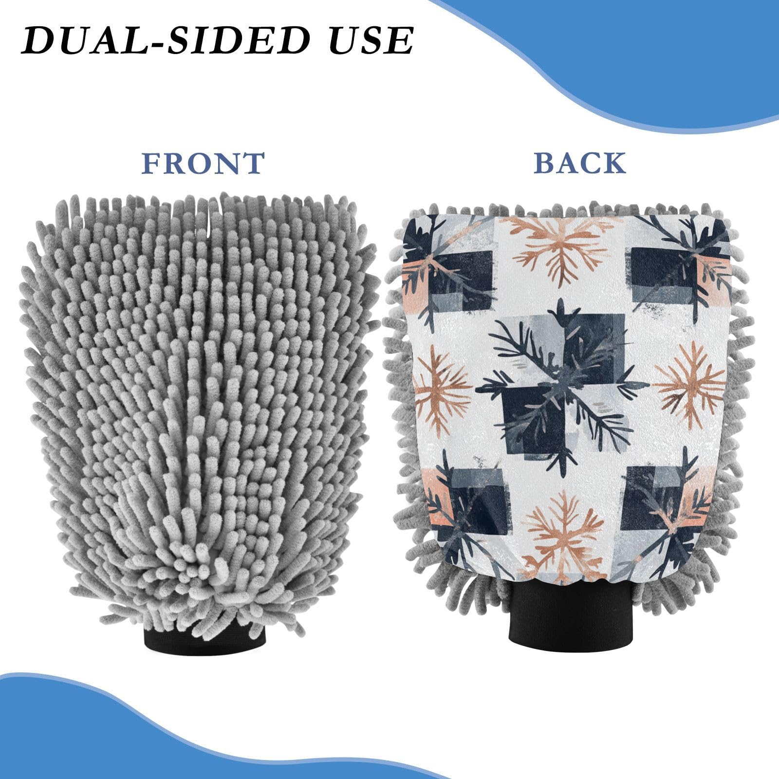 Navy Blue and Rose Gold Cod Buffalo Plaid Snowflakes Car Wash Mitts Microfiber Scratch Free Washing Gloves for Cars Car Wash Drying